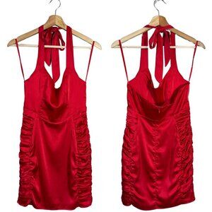 Saints + Secrets Satin Halter Ruched Mini Dress Womens Small Red Going Out Party